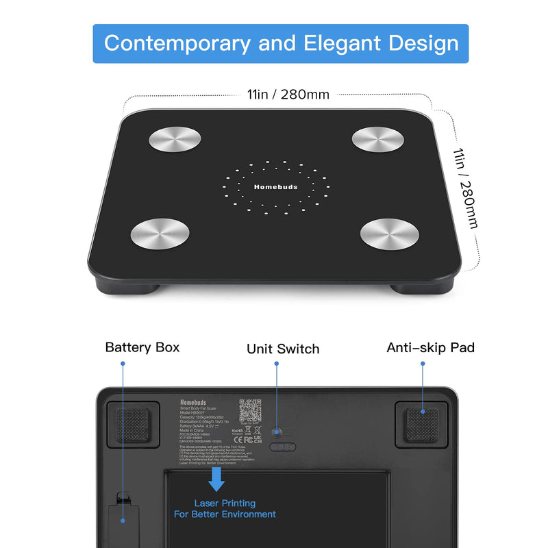 [Australia] - Homebuds Digital Bathroom Scale for Body Weight and Body Fat, Weighing Professional Since 2001, Body Composition Monitor Professional for BMI Fat Water Muscle with App, 400lb, Black Smart Scale Black 