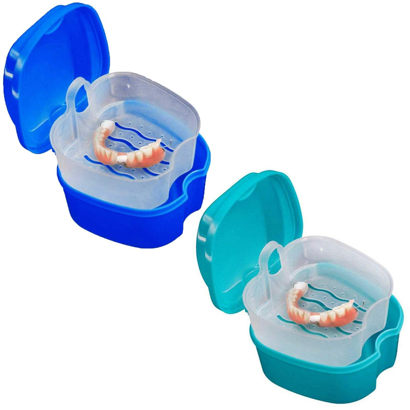 [Australia] - 2 Pack Denture Bath Case Cup Box Holder Storage Container with Denture Cleaner Brush Strainer Basket for Travel Cleaning (Light Blue and Blue) Light Blue and Blue 