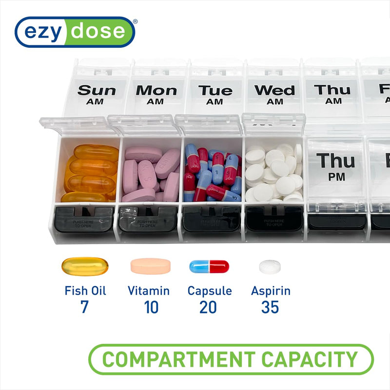Ezy Dose Weekly (7-Day) AM/PM Pill Organizer, X-Large Case, Clear/Black | Daily Vitamin Box & Supplement Planner, 2 Times a Day Push Button Compartments, Arthritis-Friendly, Travel-Friendly, BPA-Free Black/Clear