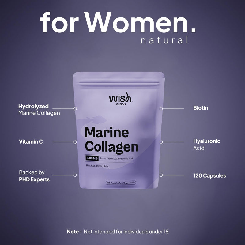 Marine Collagen Supplements for Women 100% Pure with Biotin, Vitamin C and Hyaluronic Acid for Hair, Skin and Nails Vitamins, Marine Collagen Capsules to Support Joints, 120 Capsules