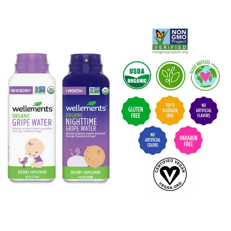 Wellements Organic Baby Gripe Water, Day & Night Combo Pack | Relieves Occasional Stomach Discomfort from Baby Gas, Colic, Hiccups and Fussiness | USDA Certified Organic (Pack of 2, 4 Fl Oz Bottles)