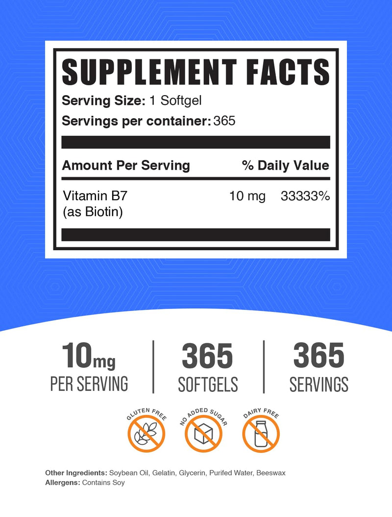 BulkSupplements.com Biotin 10000mcg Softgels - Vitamin B7, Biotin Vitamins for Hair, Skin and Nails, Biotin Supplement - Gluten Free, 1 Softgel per Serving, 365 Count (Pack of 1) 365 Count (Pack of 1)