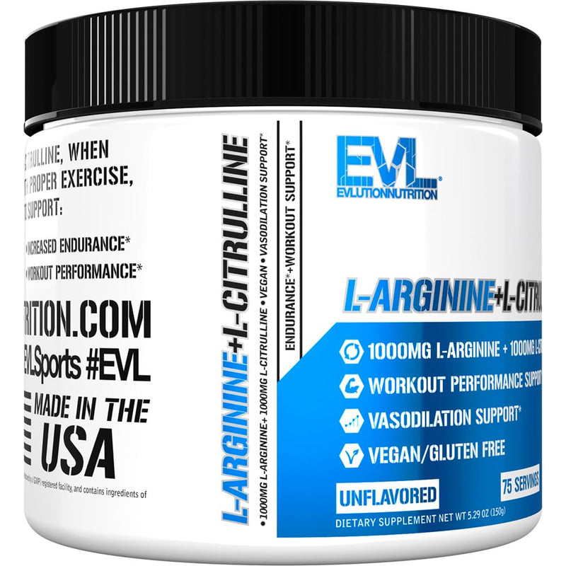[Australia] - Evlution Nutrition L-Arginine + L-Citrulline - Endurance + Workout Performance Supplement - 2000mg Complex - Vasodilation + Nitric Oxide Support - Vegan + Gluten Free Powder - 75 Servings 