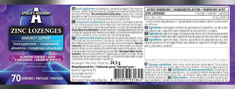 Zinc gluconate 15 mg - 70 lozenges | 70 Servings |Immune Support | Blueberry Flavor- Apollo's Hegemony