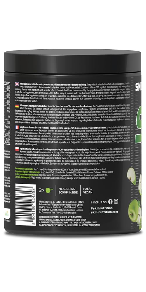 Skill Nutrition Pre-Workout Green Apple - No-Crash Formula with Extended-Release Caffeine | Xtenergy®, TheaGreen™, Vitacholine®, Astragin® | Vegan, Halal | B-Vitamins, Citrulline, Beta-Alanine