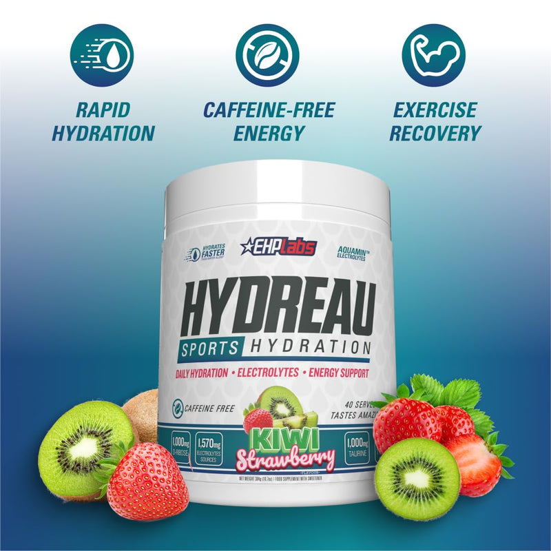 EHP Labs Hydreau Electrolytes Powder No Sugar - Hydration Powder for Endurance & Energy - Electrolyte Powder for Men & Women - Sugar Free Electrolytes - Kiwi Strawberry (40 Serves) 40 Serves