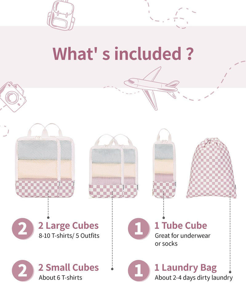 Narwey Small Checked Hanging Travel Toiletry Bag with 6 Set Compression Checkered Packing Cubes