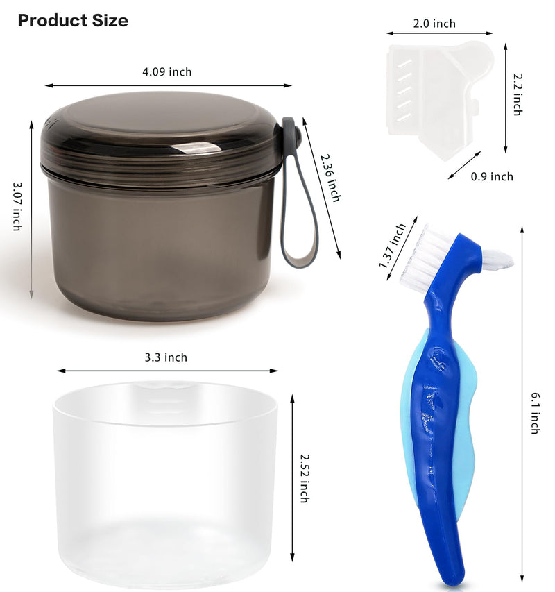 [Australia] - Denture Bath Case Box, Leak Proof Denture Cups for Soaking Full & Partial Dentures, Retainers,Dishwasher safe,with Hard Denture Brush & Denture Toothbrush Cover (Transparent Black) transparent black 