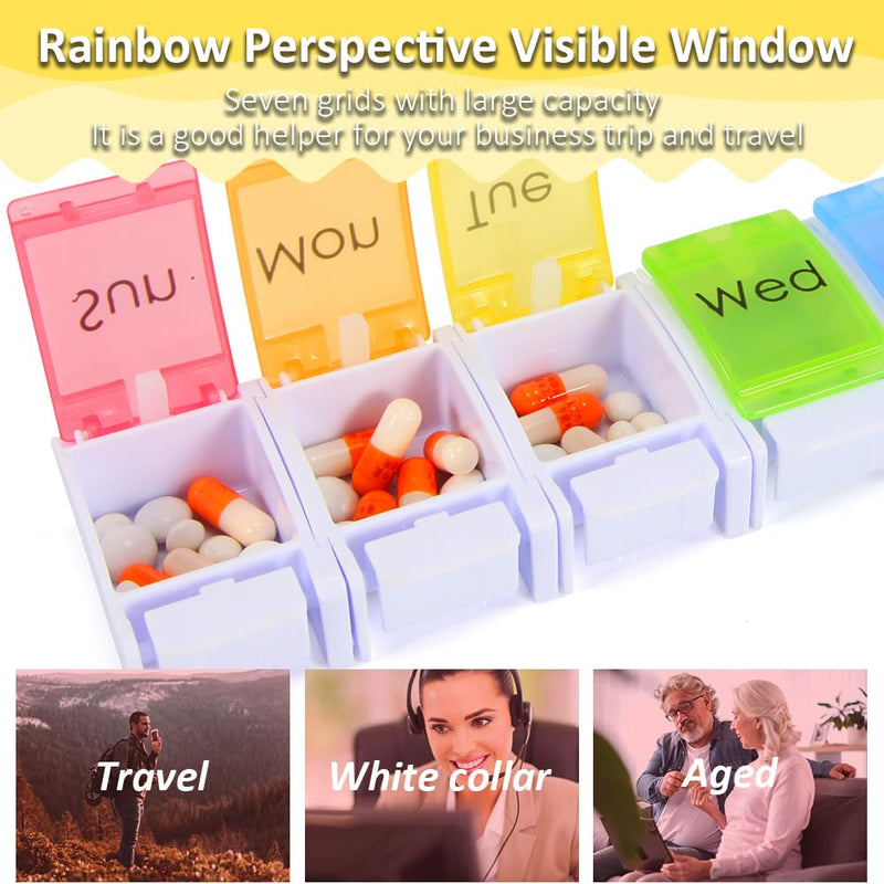 7 Day Pill Organizer, Removable Daily Cases with Rainbow Lids & Permanent Day Printing – No Stickers, Large Capacity Travel Medicine Holder for Pills, Vitamins & Fish Oil, Easy One-Handed Open (1/Day) D-mixed Color