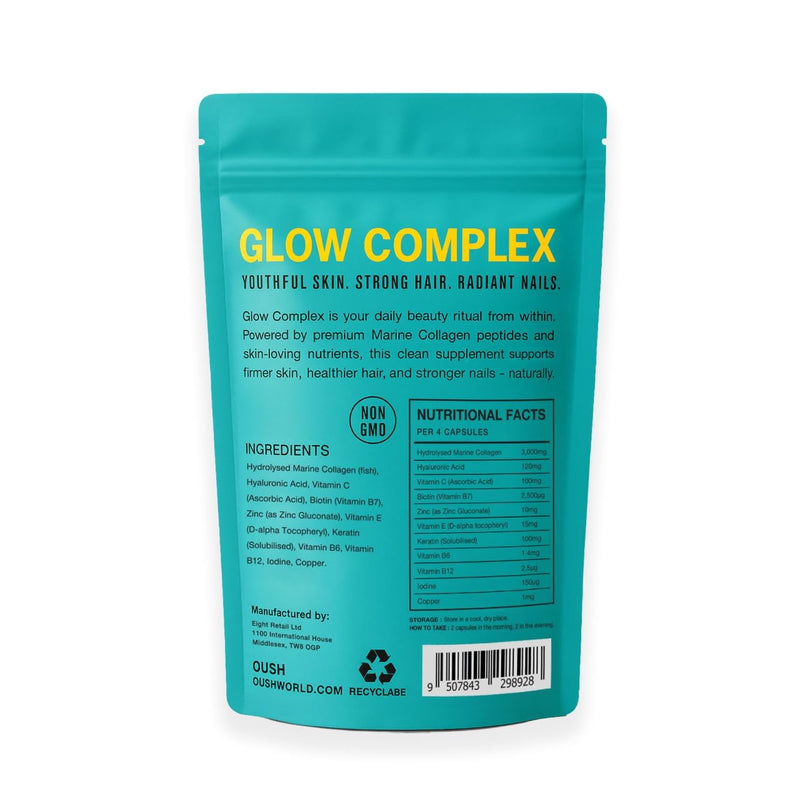 Glow Complex™ | 11-in-1 Marine Collagen Supplements 3000mg + Hyaluronic Acid, Biotin, Vitamin C, Keratin & Zinc | Hair, Skin & Nail Hydrate Supplement for Women | 120 Capsules (4-Week Supply)