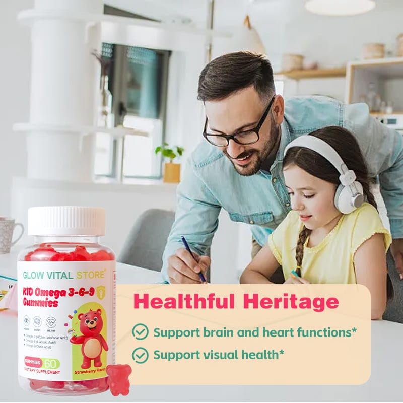Kids Omega 3-6-9 Gummies – Plant-Based Brain, Eye & Heart Support – Strawberry Flavor – ALA, LA, Oleic Acid – Vegan, Gluten-Free, Non-GMO – 60 Gummies by Glow Vital Store (1) 1