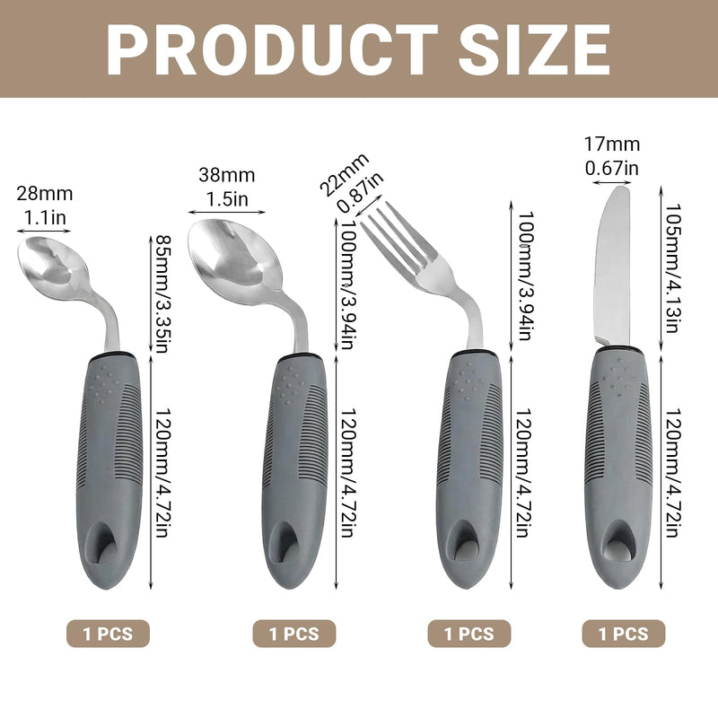 Cutlery for Arthritic Hands: 4PCS Stainless Steel Easy Grip Cutlery Adult (Right Hand) for Disabled Hands, Adults, Elderly with Parkinson's（Gray） Gray