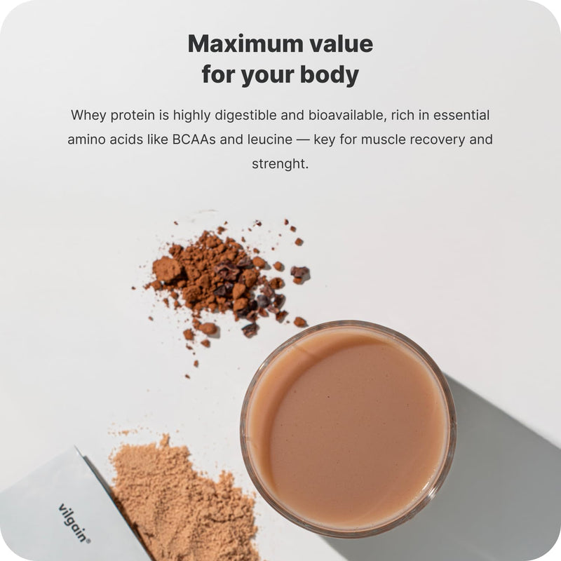 Vilgain Whey Protein Chocolate 10x30g | 23g Protein per Serving | Ultrafiltered CFM Whey Concentrate | High BCAA & Protein Content | Sweetened with Stevia