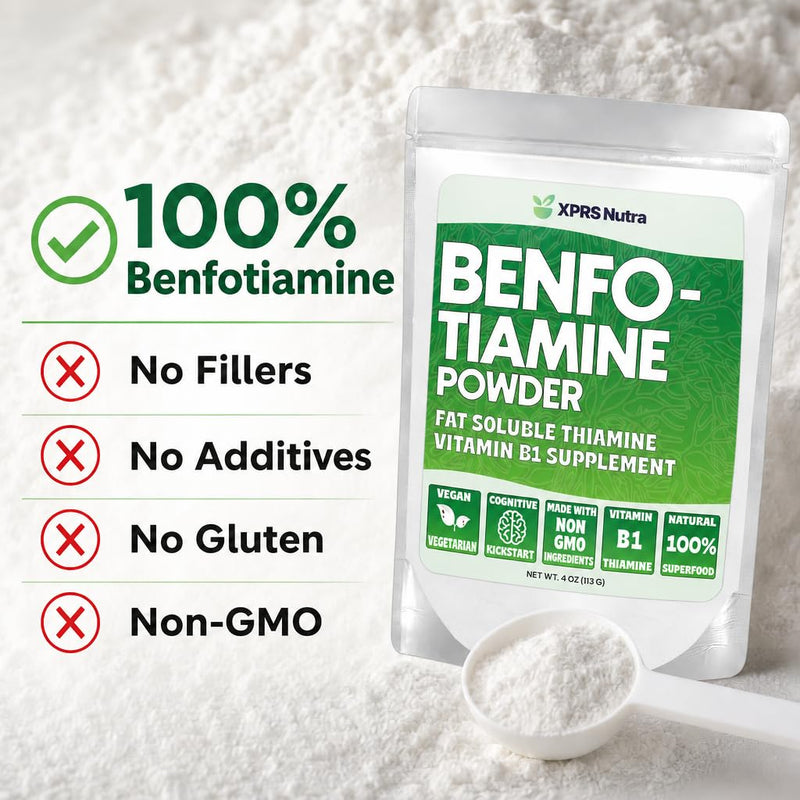 XPRS Nutra Benfotiamine Powder (Thiamine) - Fat Soluble Happy Heart Thiamine Supplement - Advanced Vitamin B1 Benfotiamine for a Cognitive Boost - Vegan Friendly Benfotamine Powder (4 Ounce)
