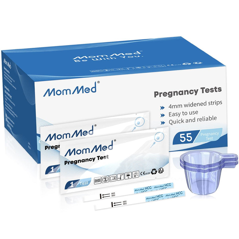 [Australia] - MomMed Pregnancy Test, 55 HCG Pregnancy Test Strips for Early Detection, Over 99% Accurate, 55 Free Urine Cups, Bulk Pregnancy Tests for Home Use, Pruebas de Embarazo 55 Count (Pack of 1) 