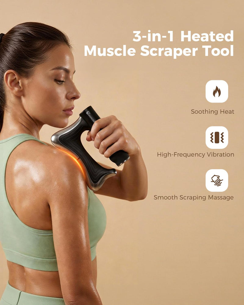 Heated Muscle Scraper, 3 Adjustable Intensity Modes with LED Display, 38-46℃ Warm Therapy & Vibration, Full Body Use Ergonomic Design, Rechargeable Wireless Black