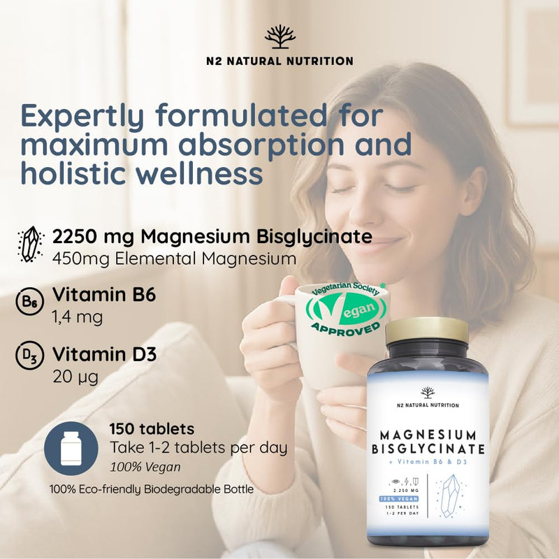 Magnesium Bisglycinate 2250mgt, 450mg Elemental Magnesium, Vitamin D3 + B6 (up to 5 Months) 150 High Absorbtion Divisible Tablets, Help Reduce Tiredness and Fatigue. N2 Natural Nutrition