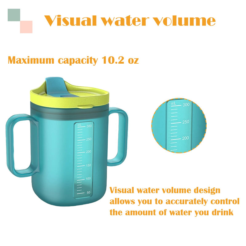 Spill Proof Sippy Cups for Seniors & Adults -10.2oz(300ml) Non-Spill Cups with 2 Handles & Straw Lid, Elderly Drinking Cups for Patients, Disabled, Pregnant Women, Dishwasher Safe (Blue)