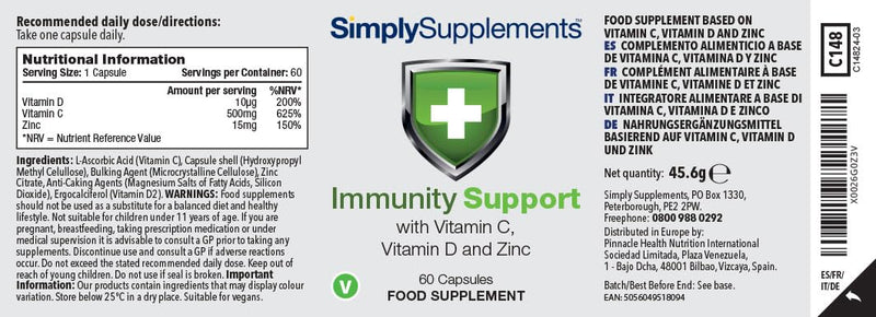 Vitamin C, D and Zinc Capsules for Immunity Support | One-a-Day Formula | 120 Fast Release Capsules = 4 Months’ Supply | Vegan Friendly | Manufactured in The UK Unflavoured (Label) 60 count (Pack of 2)