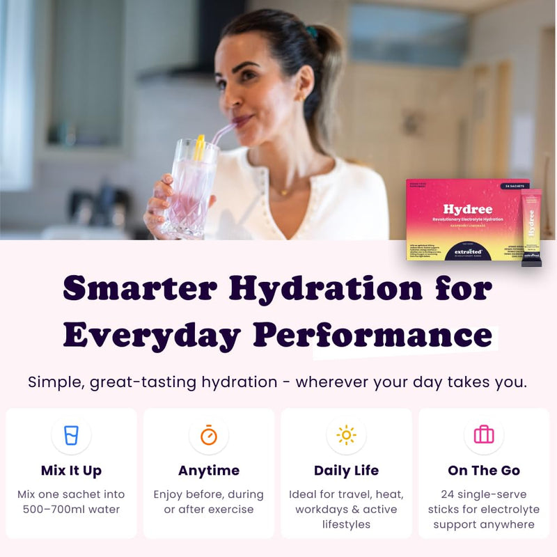 Hydree Advanced Electrolyte Drink Mix, Sodium Potassium Magnesium Calcium Citrate Blend, Natural Raspberry Flavour, Zero Sugar, Himalayan Salt and Stevia, 24 Single-Serve Sachets