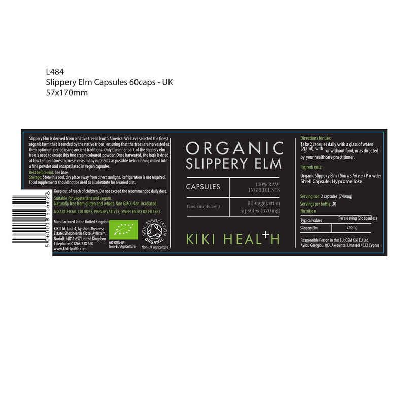Kiki Health - Organic Slippery Elm Capsules - 740mg Slippery Elm per Serving - Supports Intestinal Health, Soothes The Digestive Tract - No Preservatives - Suitable for Vegans - 60 Capsules