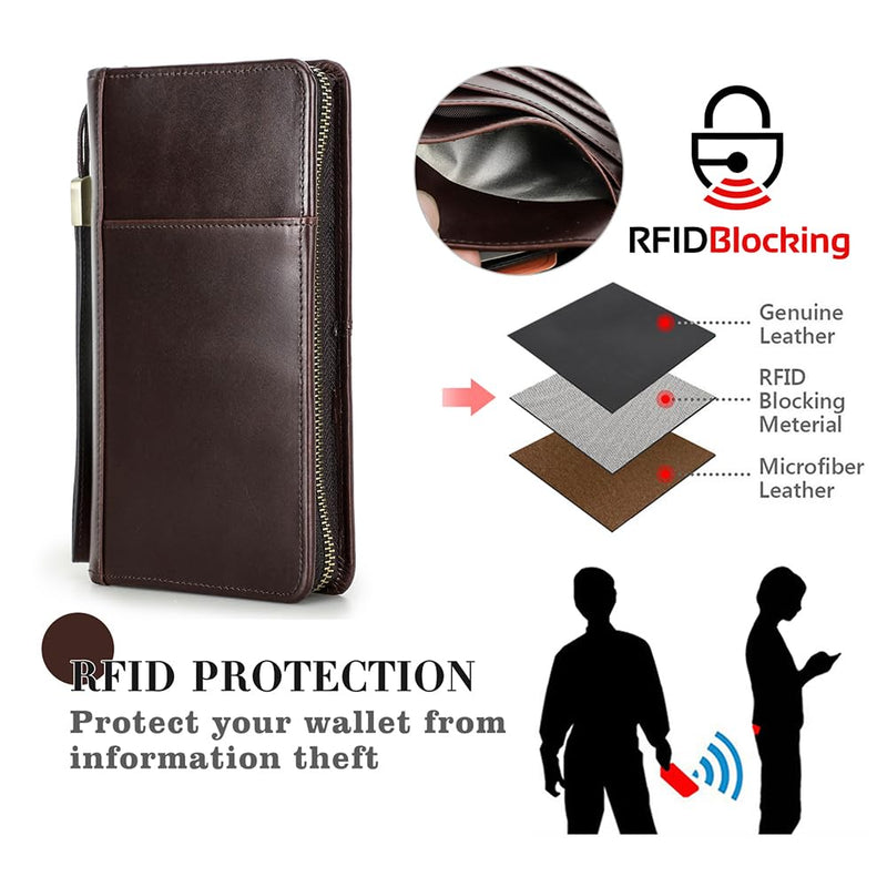 CONTACTS Travel Passport Wallet for 4 Leather Family Passport Holder Clutch Wallet Zipper Wrist Card Purse RFID Blocking with 13 Card Slot Fit up 4 Passports Glossy Coffee