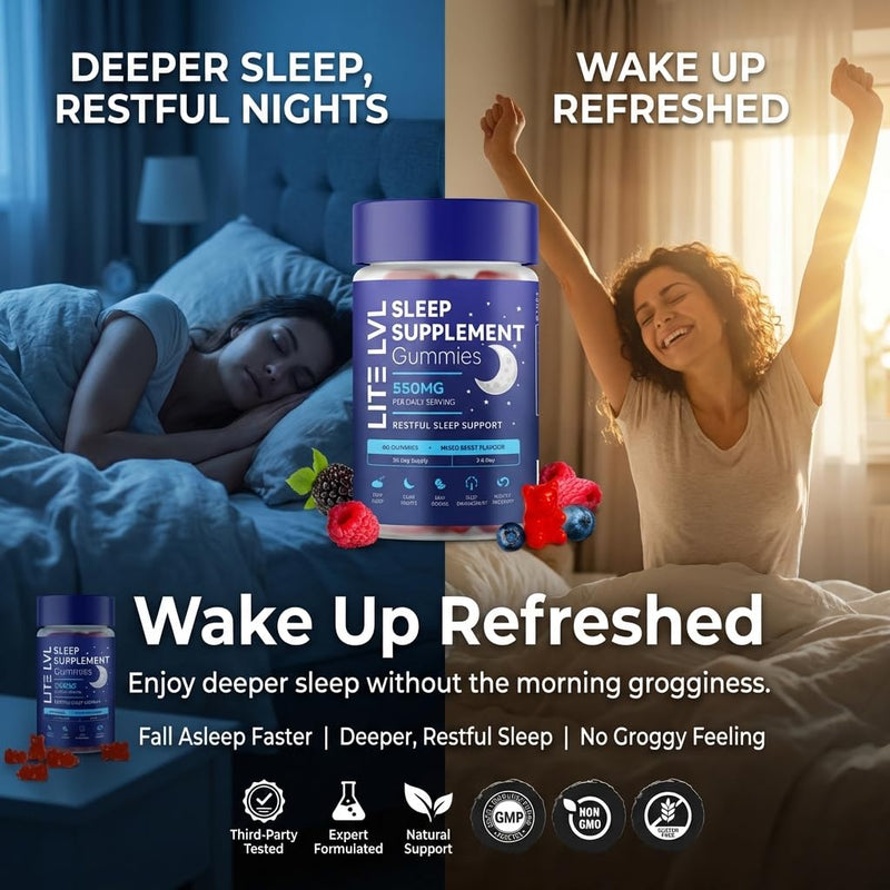 LITE LVL Sleep Gummies for Adults | High Strength with Lemon Balm, Camomile, Lavender & L-Theanine for Relaxation & Sleep Support | Aids Natural Melatonin Production | 60 Vegan & Sugar Free Gummies