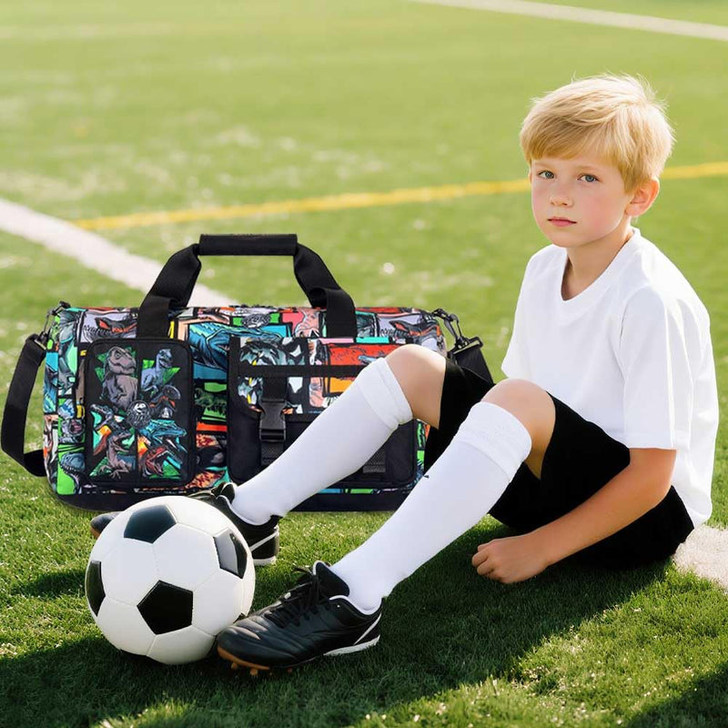 WZLVO Duffle Bag for Boys with Shoe Compartment - Dinosaur Print Sports Bag for Kids, Lightweight Travel Gym Overnight Weekender Bag (18x9x10 Inches) Boys Dinosaur Duffle Bag