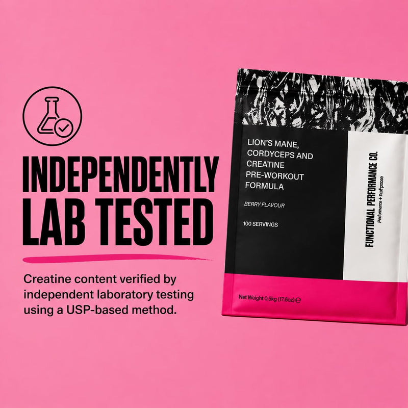 Creatine Monohydrate Powder with Lion's Mane & Cordyceps Mushroom Extracts, 5g Micronised Creatine Monohydrate Per Serving, Berry Flavour, 50 Servings