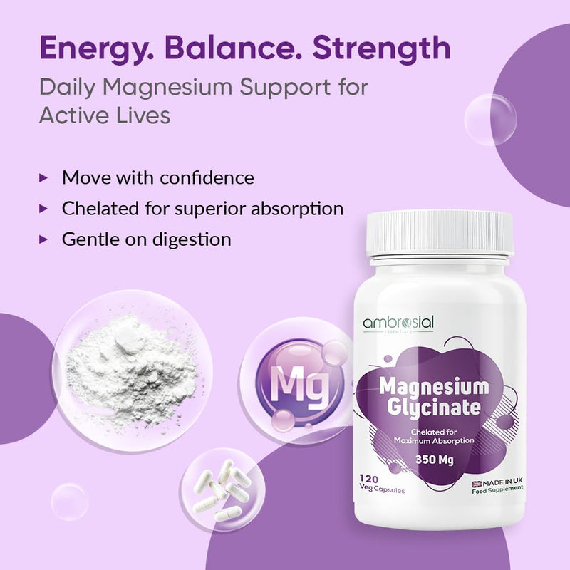 Ambrosial Chelated Magnesium Glycinate - 350 mg of Elemental Magnesium – High Strength Mag.Supplement for Women & Men, Gentle on Stomach, Vegan, GMP Certified, 120 Capsules (4 Months Supply)