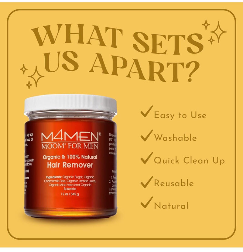 [Australia] - MOOM Organic Hair Removal Sugar Wax for Men with Aloe Vera & Chamomile – Soft Wax for Sensitive Skin & Men Hair - Perfect for Back, Chest, Eyebrow & Body - 12 oz Jar (Strips & Sticks NOT Included) Men wax 12 Ounce (Pack of 1) 