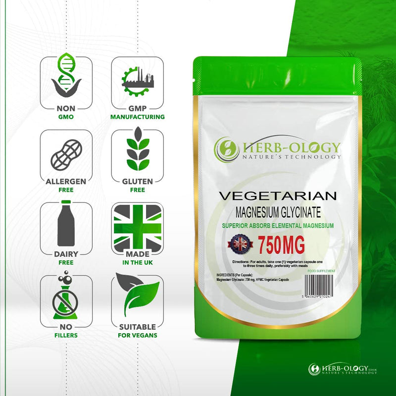 HB Magnesium Glycinate Capsules | 120 Vegan Capsules | Magnesium Bisglycinate Supplements | 750mg per Capsule | Highly Bioavailable, Dairy Free & Manufactured in The UK 120 count (Pack of 1)