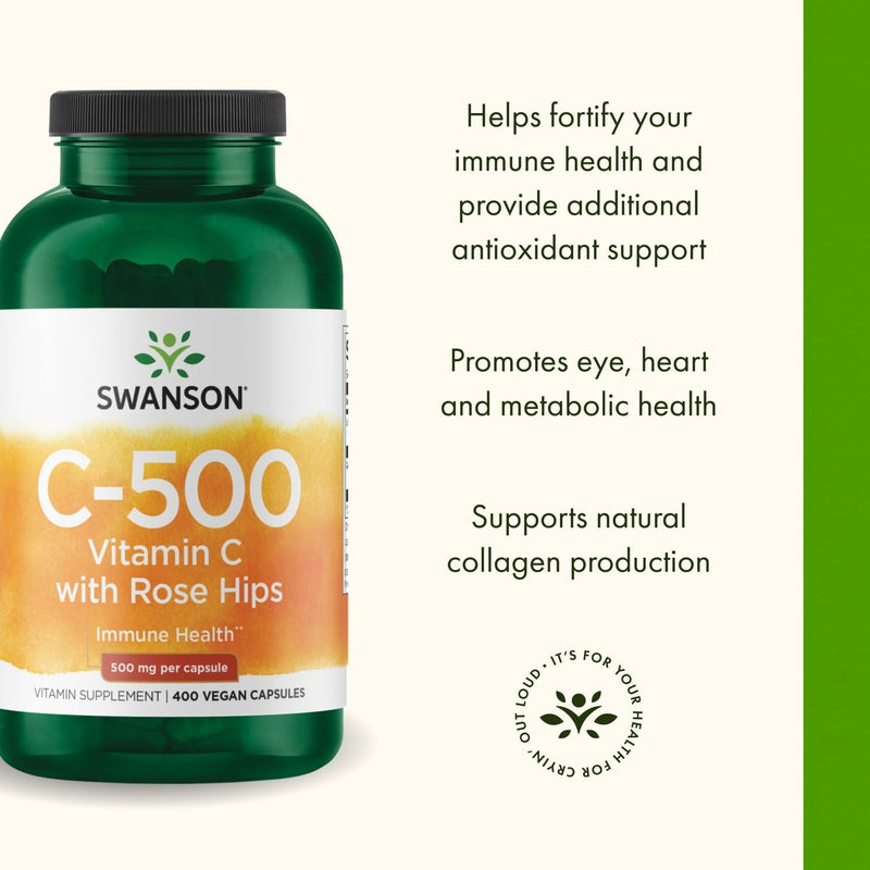 Swanson Vitamin C with Rose Hips 500 Milligrams, 400 Capsules, 1 Pack | Vitamin C with Rose Hips, Helps Fortify Immune Health and Antioxidant Support, Promotes Eye, Heart and Metabolic Health 400 Count (Pack of 1)