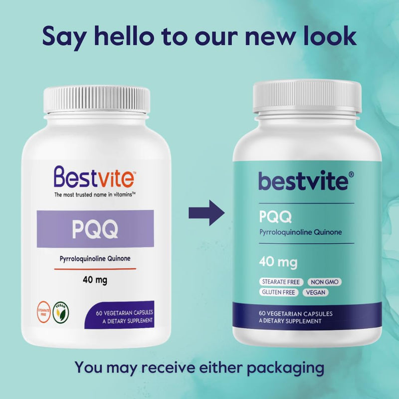 BESTVITE PQQ 40mg (Pyrroloquinoline Quinone) (60 Veg Caps) - Extra Strength | No Stearates - Vegan - Non GMO - Gluten Free - Cellular Energy & Brain Support* - Easy to Swallow Capsules 1 Count (Pack of 60)