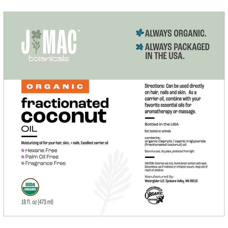 [Australia] - J MAC BOTANICALS, Organic Fractionated Coconut Oil (16 Oz.) Carrier oil for diluting essential oils, leave in conditioner for dry damaged hair, skin, massage 1 