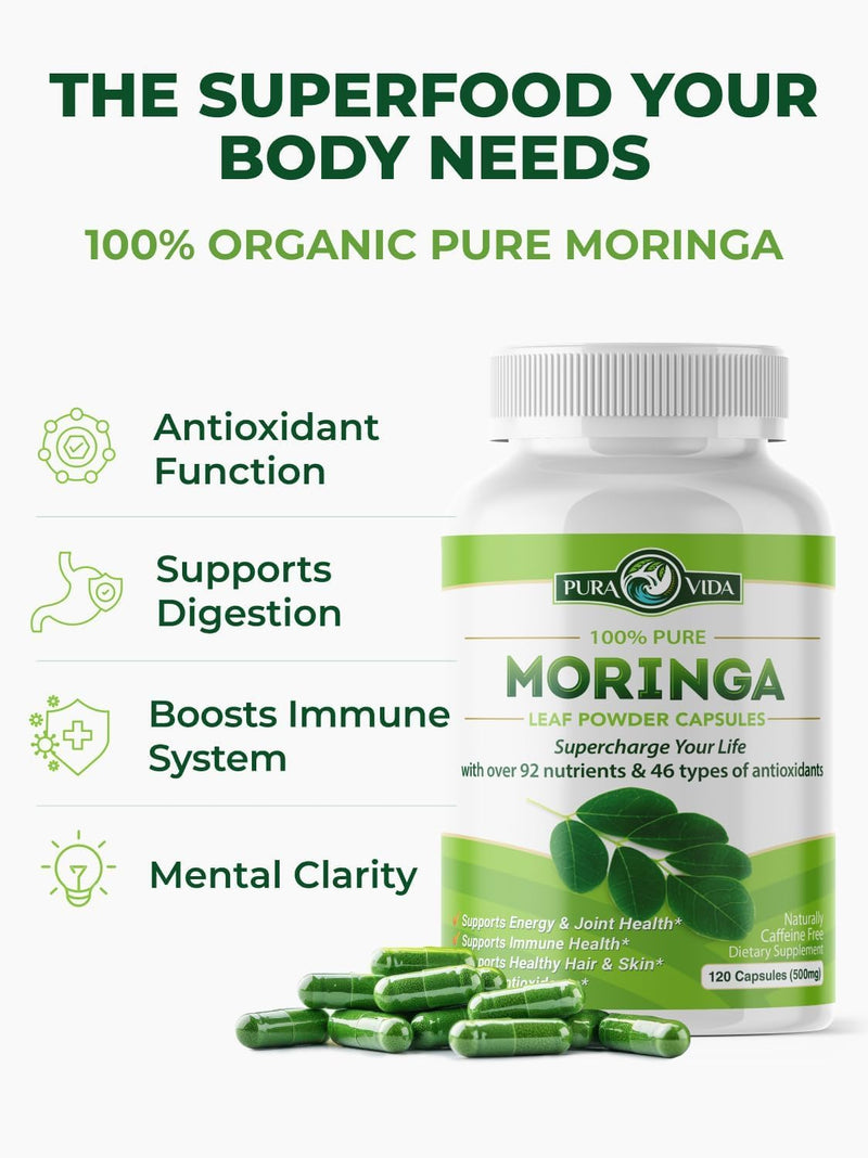 PURA VIDA MORINGA Organic Moringa Capsules Single Origin Moringa Powder Organic. Pure Moringa Leaf. Energy, Metabolism, & Immune Support. 120ct. 500mg Caps (Pack of 2)