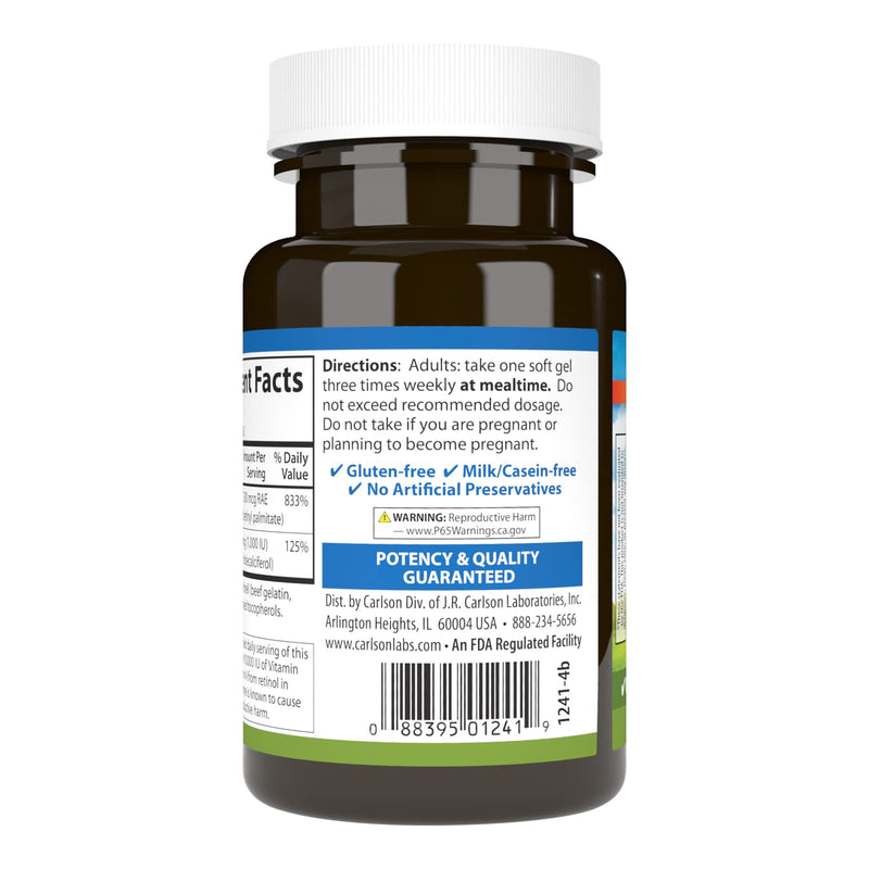 [Australia] - Carlson - A & D, 25000 IU (7500 mcg RAE) Vitamin A, 1000 IU (25 mcg) Vitamin D, Vision Support, Skin Health, 100 Softgels 1 Count (Pack of 100) 