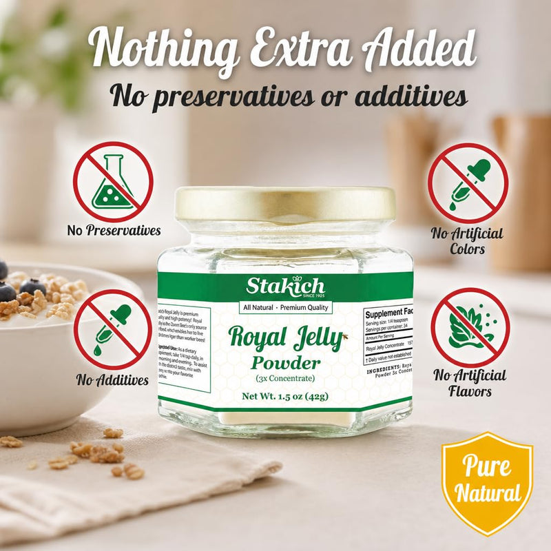 Stakich Royal Jelly Powder - 1.5 Ounce - 3X Concentrate - Freeze Dried, Pure, Natural 1.5 Ounce (Pack of 1)