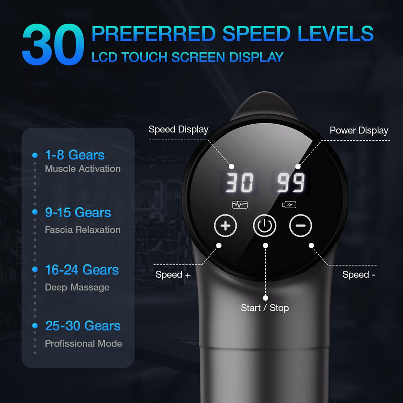 [Australia] - Massage Gun Deep Tissue, Handheld Electric Muscle Massager, High Intensity Percussion Massage Device for Pain Relief with 9 Attachments & 30 Speed(Grey) Grey 