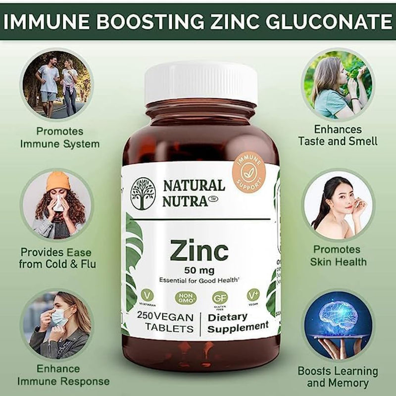Natural Nutra Zinc Gluconate 50mg Supplement for Immune Support, Promotes Skin Health, Enhance Taste & Smell, Provides Ease from Cold & Flu, Boost Learning & Memory, Gluten Free 50mg 250 Vegan Tablets 250 Count (Pack of 1)