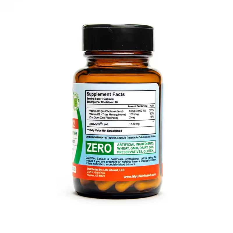 Life Infused Vitamin D3 + K2 Supplement with Zinc & Enzymes — 3000 IU D3, MK-7 K2, Immune & Bone Support, Enhanced Absorption, Non-GMO Vegan Capsules, 90 Count