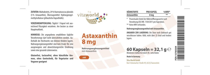 Vita World Astaxanthin 8mg 60 Vegetarian Capsules Production Haematococcus pluvialis Made in Germany