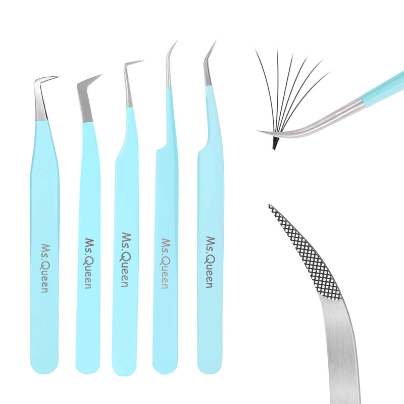 Ms.Queen Lash Tweezers for Eyelash Extensions,Professional 5Pcs Fiber Tip Curved Isolation 45 90 Degree Boot Volume Lash Tweezers for Extensions, Blue 5Pcs Tweezers Set