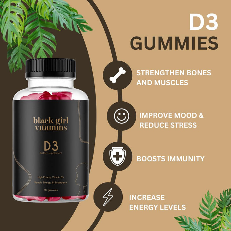 [Australia] - Black Girl Vitamins - Vitamin D3 Gummies, for Immune, Energy, and Bone Support, 2000IU (50mcg) Vitamin D per Serving, Gluten-Free Vitamin D Gummies 30 Day Supply 