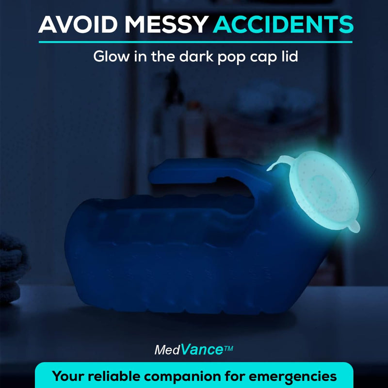 [Australia] - MedVance- Urinals for Men 1000ml with Glow in The Dark Spill Proof Pop Cap Lid, Plastic Pee Bottles for Men, Male Urinals, Pee Container Men, Portable Urinal for Car, Elderly & Incontinence (2 Pack) 