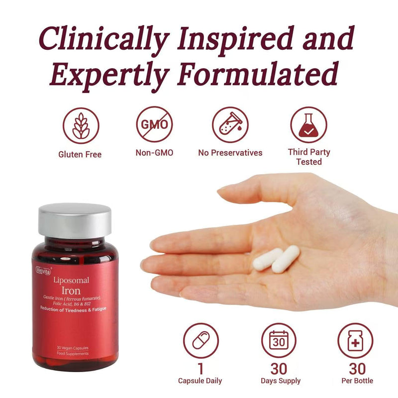 Gentle Liposomal Iron for Women - 17mg - Iron Supplement with Zinc, Folic Acid, B6, B12 & Copper, Fatigue Supplements with High Bioavailability - Vegan Guten Free(30 Capsules, 1 Month Supply)