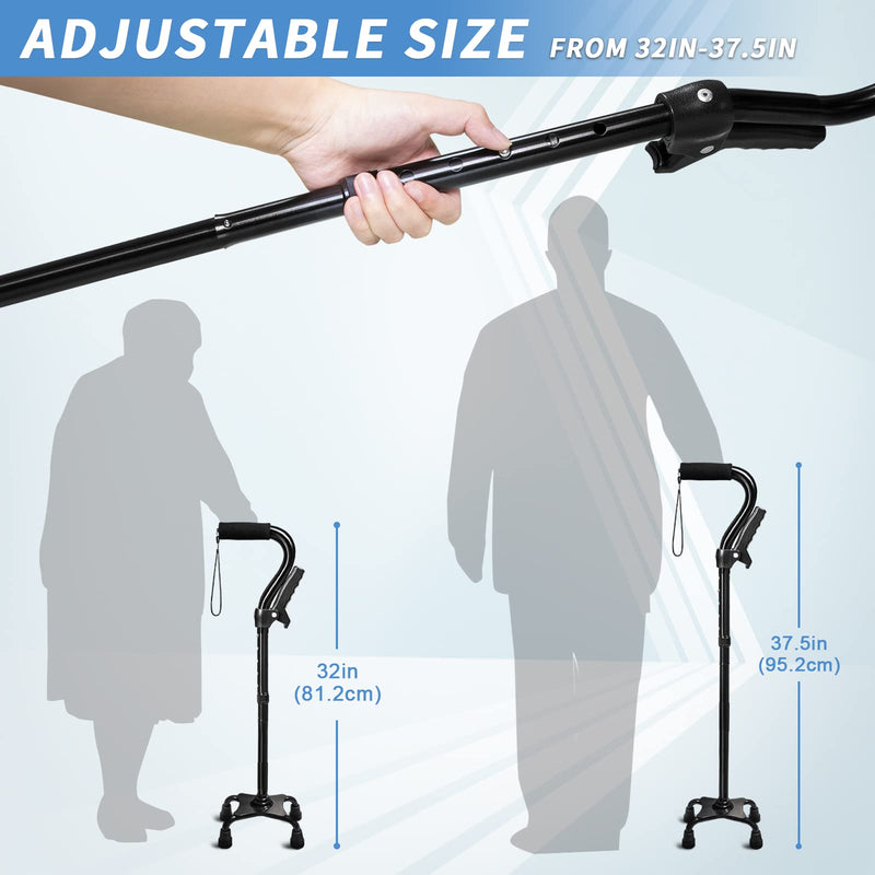 [Australia] - Adjustable Walking Cane for Men & Women with 4-Pronged Base for Extra Stability - Foldable Cane for Seniors with Foam Padded Offset Handle for Soft Grip & a Second Handle for Standing Black 