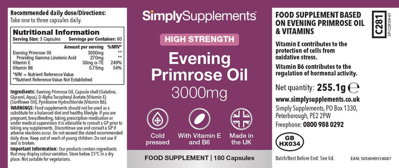 Evening Primrose Oil 3000mg Capsules | Supports Hormonal Balance & Healthy Skin | with Added Vitamins B6 & E | 360 Softgels Capsules = 4 Months’ Supply | GMP-Certified & UK-Made Unflavoured 180 count (Pack of 2)