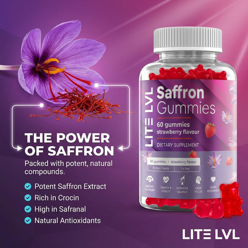 LITE LVL - 60 x Natural Strawberry Flavoured Saffron Extract Gummies - Daily Serving 2 Gummies per Day - Relax Unwind- Rich in Antioxidants - Saffron Supplement