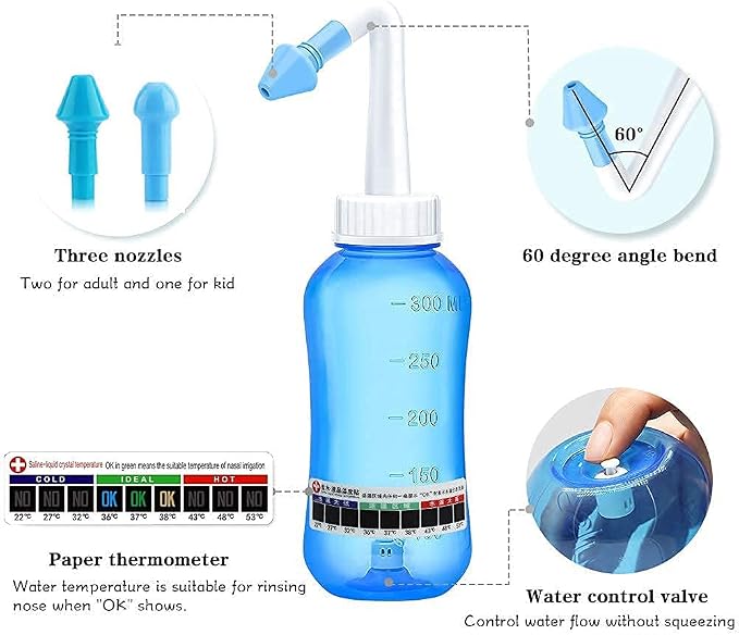 Neti Pot,Sinus Rinse Kit,Neti Pot Sinus Rinse,300ml Neti Pot Sinus Rinse Kit with 60 Packets Nasal Wash Salt and Thermometer Sticker, Nasal Sinus Rinse Kit for Adult & Kid (300ml)